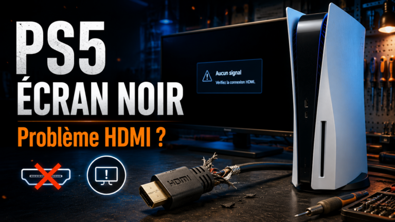 PS5 avec écran noir et câble HDMI endommagé dans un atelier de réparation console