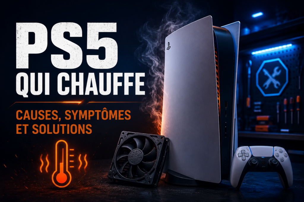PS5 qui chauffe avec ventilateur et effet de surchauffe en atelier de réparation console